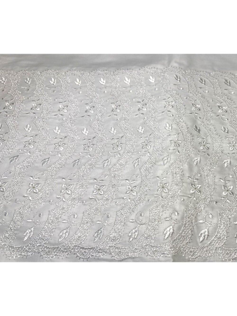 Vintage White Embroidered Satin Fabric 16" wide x 1 yard